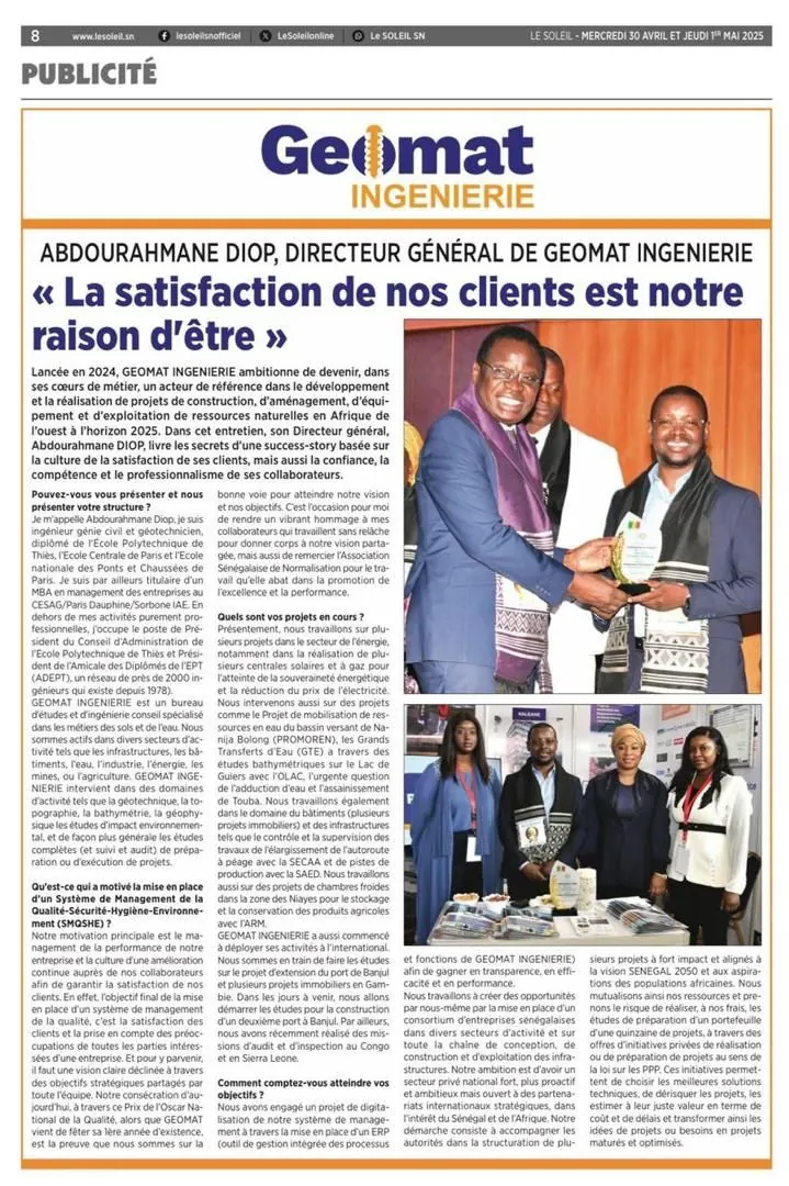 GEOMAT Ingénierie, lauréat du Prix de l’Oscar National de la Qualité